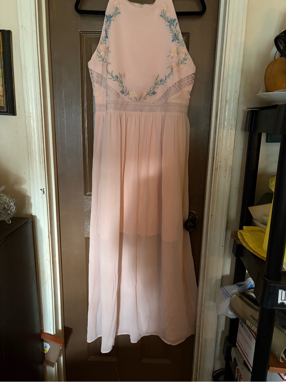 Women's Light Pink Embroidered Halter Maxi Dress